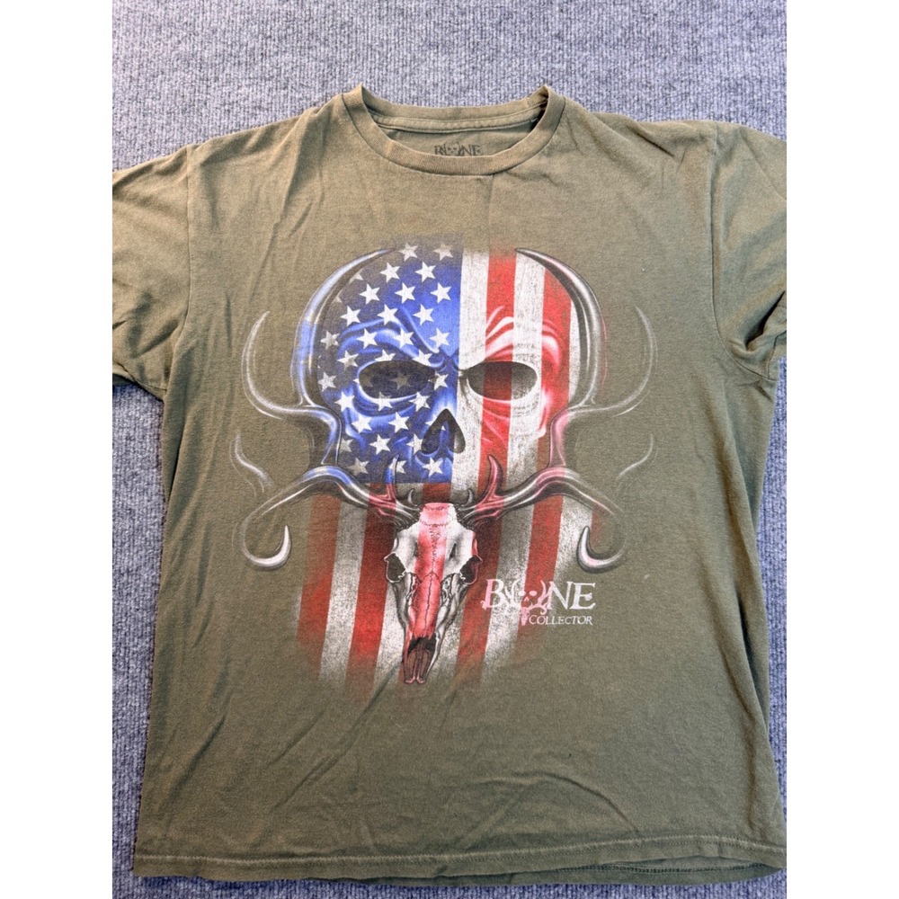 Bone Collector Mens M Green Graphic Tee American Flag Deer Skull Hunting Shirt - Picture 2 of 6